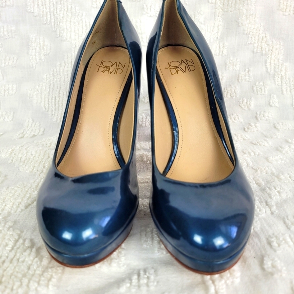 Joan & David teal blue patent leather platform pinup stiletto pumps almond toe 6 - Picture 3 of 12